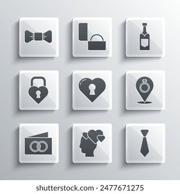 Set Head with heart, Tie, Wedding rings, Heart keyhole, Greeting card, Castle the shape of, Bow tie and Champagne bottle icon. Vector