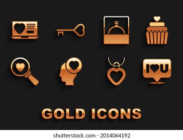 Set Head with heart, Wedding cake, Speech bubble I love you, Necklace shaped, Search and, Diamond engagement ring, Dating app online and Key icon. Vector
