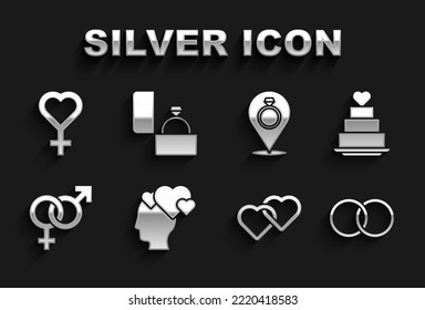 Set Head with heart, Wedding cake, rings, Two Linked Hearts, Gender, Female gender symbol and Diamond engagement icon. Vector