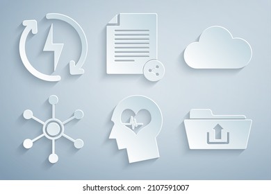 Set Head with heartbeat, Music streaming service, Network, Folder upload, Share file and Recharging icon. Vector