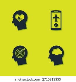 Set Head mit Herzschlag, Silhouettenwolke, Jagdkonzept und Flugmodus das mobile Icon. Vektorgrafik