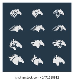 Set of Head Horse logo design vector. Horse Fire logo template. Illustration Vector