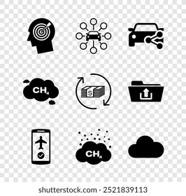 Set Head hunting concept, Car sharing, , Flight mode the mobile, Methane emissions reduction and Music streaming service icon. Vector