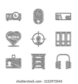 Set Head hunting concept, Drawer with documents, Headphones, Office folders, Identification badge, Heart text work, Shelf books and Movie, film, media projector icon. Vector
