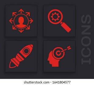 Set Head hunting concept, Project team base, Magnifying glass and gear and Rocket ship with fire icon. Vector