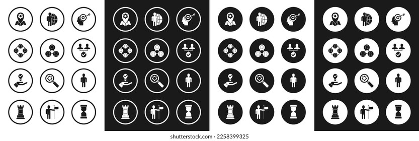Establecer concepto de caza de cabezas, base de equipo del proyecto, trabajo de ubicación, Globe y personas, Usuario de traje de negocios y Icono de mano de lámpara de luz. Vector