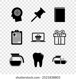 Set Head hunting concept, Push pin, Book, Coffee pot, Broken tooth and with cup icon. Vector