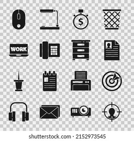 Establecer concepto de caza de cabezas, Deporte objetivo, Reanudar, Tiempo es dinero, Teléfono, Portátil con trabajo de texto, ratón de computadora y icono de documentos de cajones. Vector