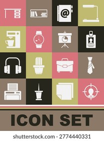Set Head hunting concept, Tie, Identification badge, Address book, Wrist watch, Coffee machine, Office desk and Chalkboard with diagram icon. Vector