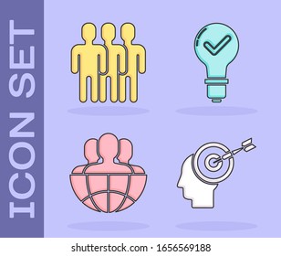 Set Head hunting concept, Users group, Globe and people and Light bulb and check mark icon. Vector