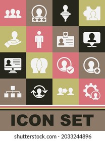 Set Head hunting, Create account screen, Location with person, User of man, Hand for search people, Users group and Identification badge icon. Vector