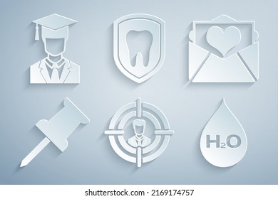 Set Head hunting, Envelope with Valentine heart, Push pin, Water drop H2O, Dental protection and Graduate graduation cap icon. Vector