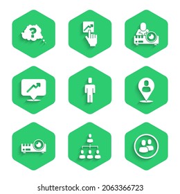 Set Head hunting, Hierarchy organogram chart, Project team base, Worker location, Media projector, Graph, schedule,,  and Question mark icon. Vector