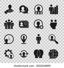 Set Head hunting, Magnifying glass for search, User of man, Create account screen, Resume, Users group, Hand people and  icon. Vector