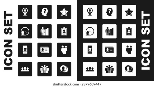 Set Head hunting, Productive human, Time Management, Location with person, Clipboard resume, question mark, User of and Smartphone icon. Vector