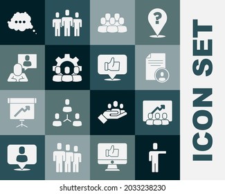 Set Head hunting, Project team base, Resume, Speech bubble chat and Hand like icon. Vector