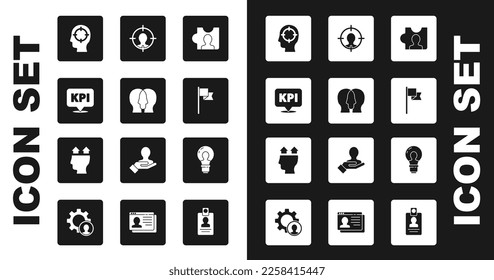 Set Head hunting, Project team base, Key performance indicator, Location marker, with lamp bulb and User of icon. Vector