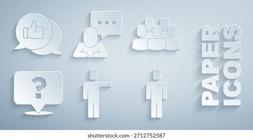 Set Head hunting, Project team base, Question mark, Speech bubble chat and Hand like icon. Vector