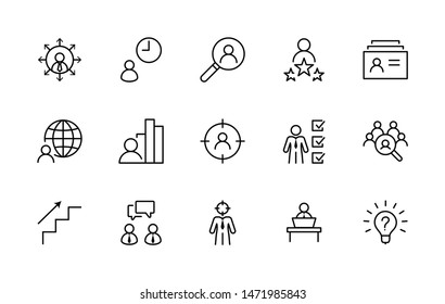 Set of Head Hunting Related Vector Line Icons. Contains such Icons as Career growth, Bulb, Candidate, Search, CV, Card Index, Outsource and more. Editable Stroke. 32x32 Pixel Perfect