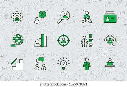 Set of Head Hunting Related Vector Line Icons. Contains such Icons as Career growth, Bulb, Candidate, Search, CV, Card Index, Outsource and more. Editable Stroke. 32x32 Pixel Perfect