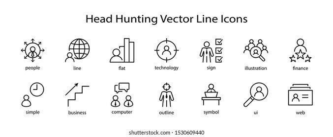 Set of Head Hunting Related Vector Line Icons. Contains such Icons as Career growth, Bulb, Candidate, Search, CV, Card Index, Outsource and more. Editable Stroke. 32x32 Pixel Perfect