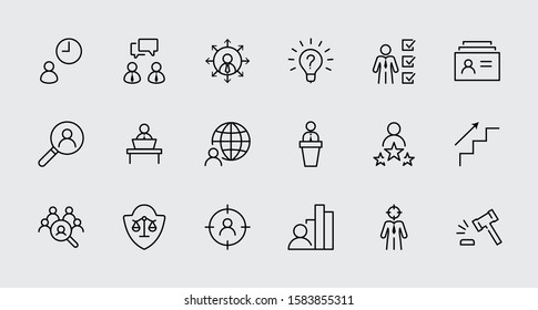 Set of Head Hunting Related Vector Line Icons. Contains such Icons as Career growth, Bulb, Candidate, Search, CV, Card Index, Outsource and more. Editable Stroke. 32x32 Pixel Perfect