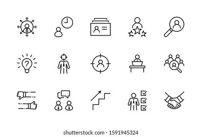 Set of Head Hunting Related Vector Line Icons. Contains such Icons as Career growth, Bulb, Candidate, Search, CV, Card Index, Outsource and more. Editable Stroke. 32x32 Pixel Perfect