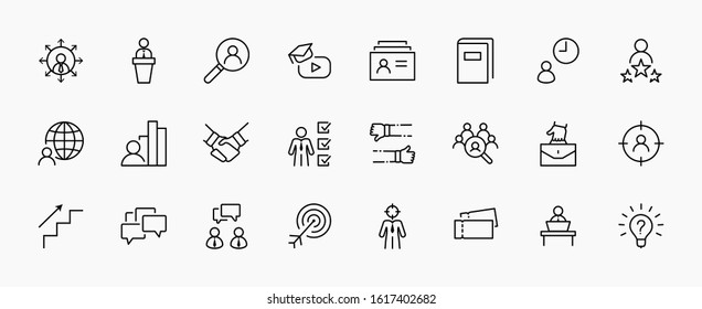 Set of Head Hunting Related Vector Line Icons. Contains such Icons as Career growth, Bulb, Candidate, Search, CV, Card Index, Outsource and more. Editable Stroke. 32x32 Pixel Perfect