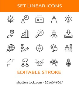 Set of Head Hunting Related Vector Line Icons. Contains such Icons as Career growth, Bulb, Candidate, Search, CV, Card Index, Outsource and more. Editable Stroke. 32x32 Pixels