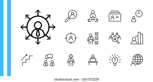 Conjunto de iconos de línea de vectores relacionados con la caza de cabezales. Contiene iconos como crecimiento profesional, Bulb, Candidato, Búsqueda, CV, Índice de tarjeta, Outsource y más. Trazo editable. 32 x 32 píxeles