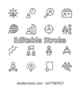 Set of Head Hunting Related Vector Line Icons. Contains such Icons as Career growth, Bulb, Candidate, Search, CV, Card Index, Outsource and more. Editable Stroke. 32x32 Pixels