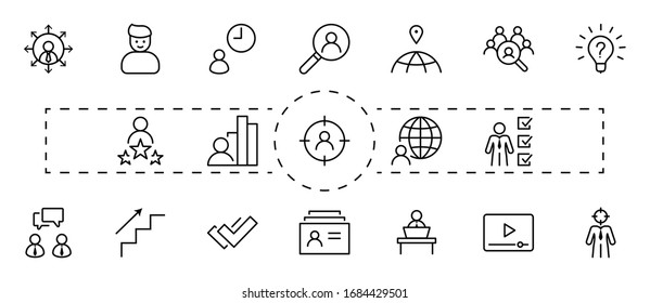 Set of Head Hunting Related Vector Line Icons. Contains such Icons as Career growth, Bulb, Candidate, Search, CV, Card Index, Outsource and more. Editable Stroke. 32x32 Pixels