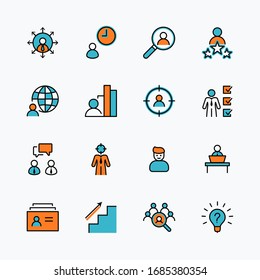 Conjunto de iconos de línea de vectores relacionados con la caza de cabezales. Contiene iconos como crecimiento profesional, Bulb, Candidato, Búsqueda, CV, Índice de tarjeta, Outsource y más. Trazo editable. Perfecto para 32 x 32 píxeles