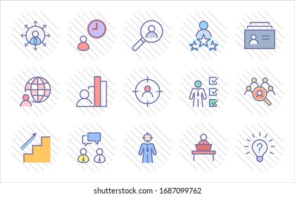 Set of Head Hunting Related Vector Line Icons. Contains such Icons as Career growth, Bulb, Candidate, Search, CV, Card Index, Outsource and more. Editable Stroke. 32x32 Pixel Perfect