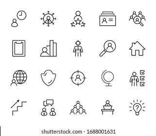 Conjunto de iconos de línea de vectores relacionados con la caza de cabezales. Contiene iconos como crecimiento profesional, Bulb, Candidato, Búsqueda, CV, Índice de tarjeta, Outsource y más. Trazo editable. 32 x 32 píxeles