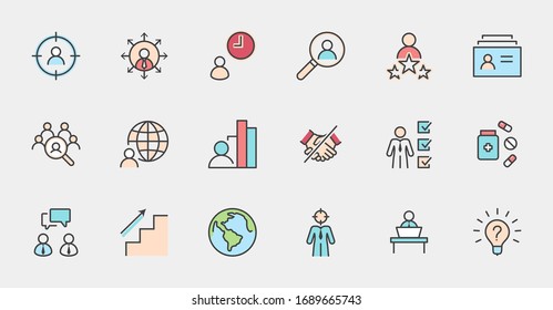Conjunto de iconos de línea de vectores relacionados con la caza de cabezales. Contiene iconos como crecimiento profesional, Bulb, Candidato, Búsqueda, CV, Índice de tarjeta, Outsource y más. Trazo editable. Perfecto para 32 x 32 píxeles