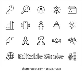 Conjunto de iconos de línea de vectores relacionados con la caza de cabezales. Contiene iconos como crecimiento profesional, Bulb, Candidato, Búsqueda, CV, Índice de tarjeta, Outsource y más. Trazo editable. 32 x 32 píxeles