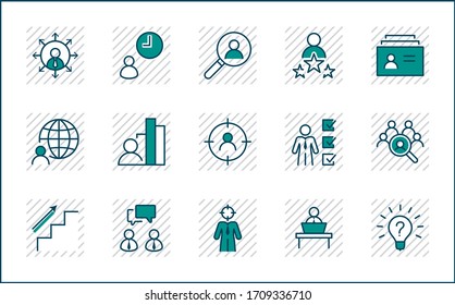 Set of Head Hunting Related Vector Line Icons. Contains such Icons as Career growth, Bulb, Candidate, Search, CV, Card Index, Outsource and more. Editable Stroke. 32x32 Pixel Perfect