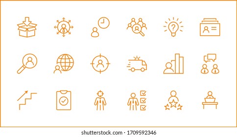 Set von Vektorillustration-Symbolen für die Kopfjagd. Enthält Symbole wie Karrierewachstum, Bulb, Kandidat, Suche, Lebenslauf, Kartenindex, Outsource und mehr. Bearbeitbarer Stroke. 32 x 32 Pixel