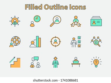 Conjunto de iconos de línea de vectores relacionados con la caza de cabezas. Contiene íconos como crecimiento profesional, Bulb, Candidato, Búsqueda, CV, Índice de tarjetas, outsourcing y más. Stroke editable. 32x32 Perfecto para píxeles