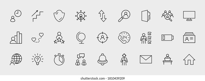 Set of Head Hunting Related Vector Line Icons. Contains such Icons as Career growth, Bulb, Candidate, Search, CV, Card Index, Outsource and more. Editable Stroke. 32x32 Pixels