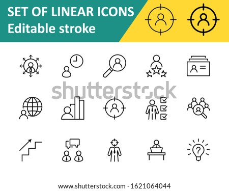 Set of Head Hunting Related Vector Line Icons. Contains such Icons as Career growth, Bulb, Candidate, Search, CV, Card Index, Outsource and more. Editable Stroke. 32x32 Pixels