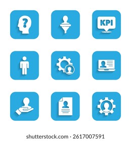 Set Head hunting, Resume, Human with gear, Laptop resume, Hand for search people, User of, Key performance indicator and question mark icon. Vector