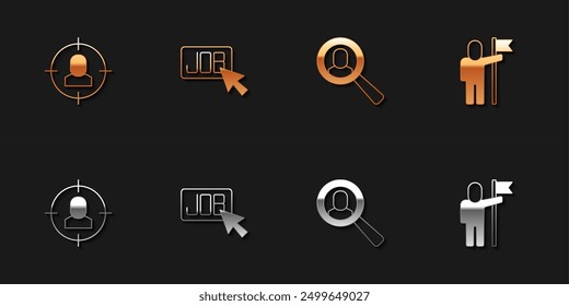 Set Head hunting, Search job, Magnifying glass for search and Man holding flag icon. Vector