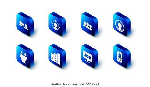 Caza de cabeza, grupo de usuarios, pantalla de Cuenta de Create, móvil con currículum, trabajo de burbuja de voz, humano productivo, e ícono de la base del equipo del proyecto. Vector