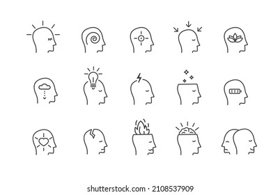 Set of head icons with different emotional state. Mental health problems and medical therapy. Concept of psychotherapy, psychological disorders. Vector collection of outline doodle style signs .