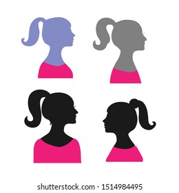  Set of head icons young women in profile with ponytail hairstyle.Vector illustration.