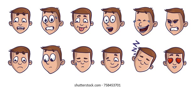 Set of head images with different emotional expressions. Emoji cartoon feces conveying verious emotions. Isolated vector illustration on white background. Comic style.