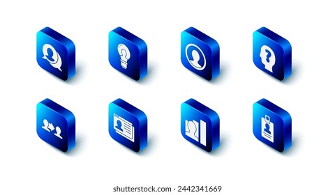Set Head with lamp bulb, Create account screen, question mark, Identification badge, Productive human, Resume, Project team base and Speech bubble chat icon. Vector