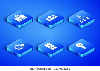 Set Head with lamp bulb, Light dollar on laptop, Startup project concept, Gear, Users group and Hierarchy organogram chart icon. Vector